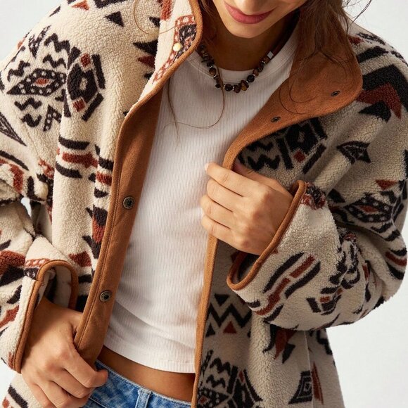 Multicolor Casual Women's Geometric Print Reversible Fleece Jacket - Picture 5 of 8